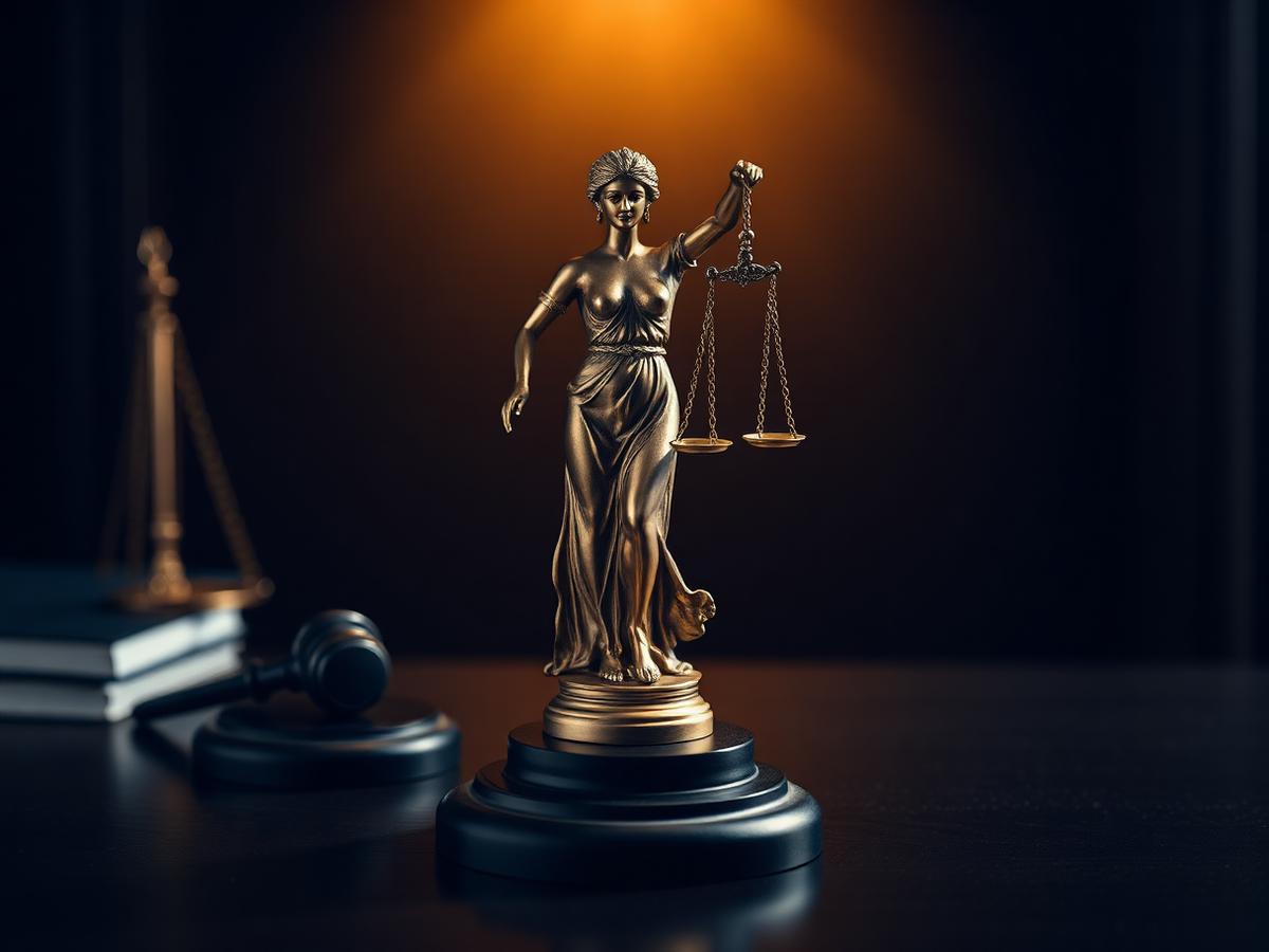 Estátua da justiça e martelo simbolizando o direito